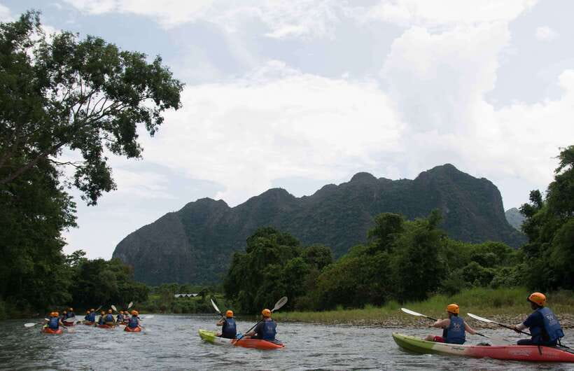 Vang Vieng: Tham Nangfar and Tham Nam Day Tour with Kayaking - BBQ Lunch on Banana Leaves, With River Views and Optional Drinks